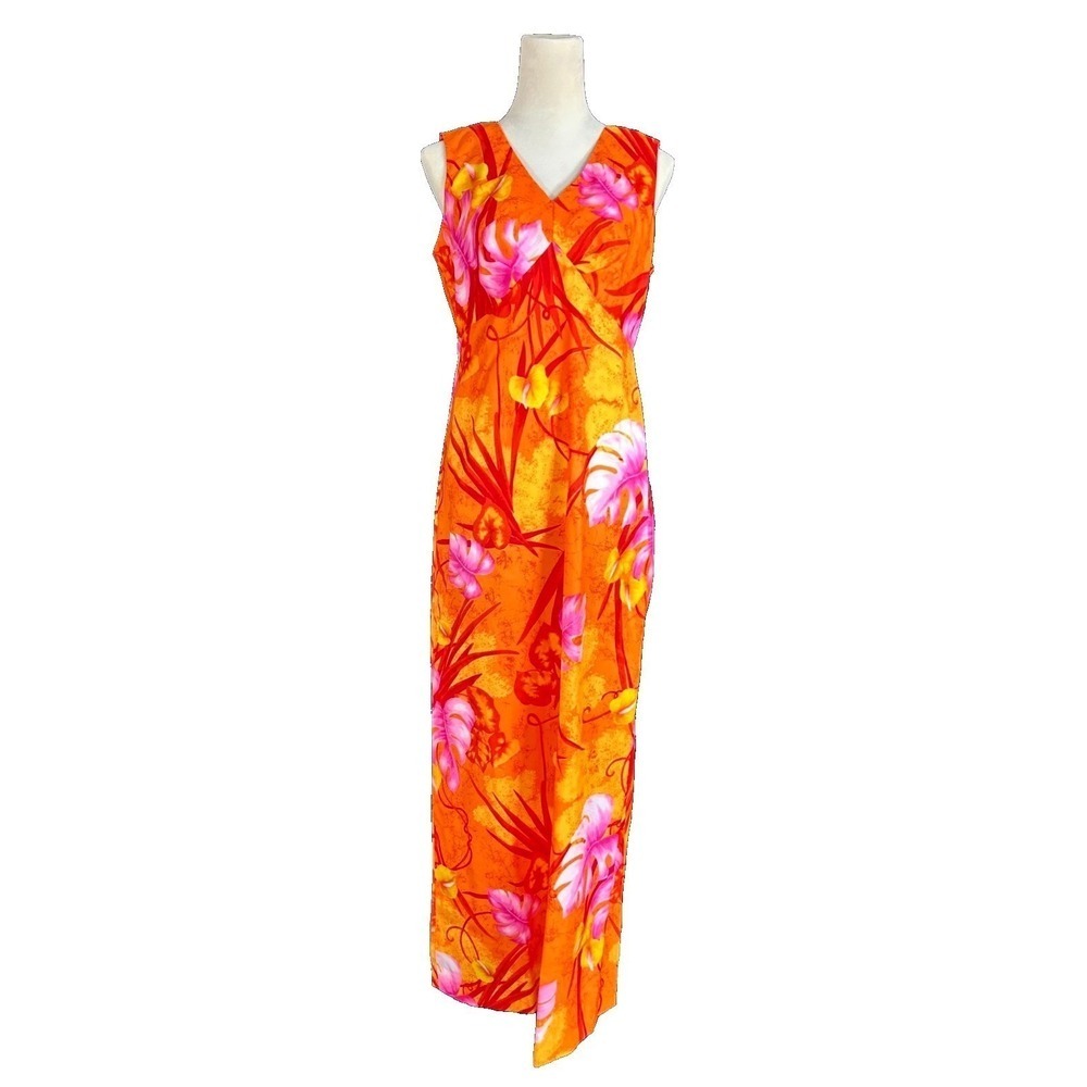 Vintage Lehua Tropical Floral Maxi Dress Orange Pink Hawaiian V-Neck Sleeveless